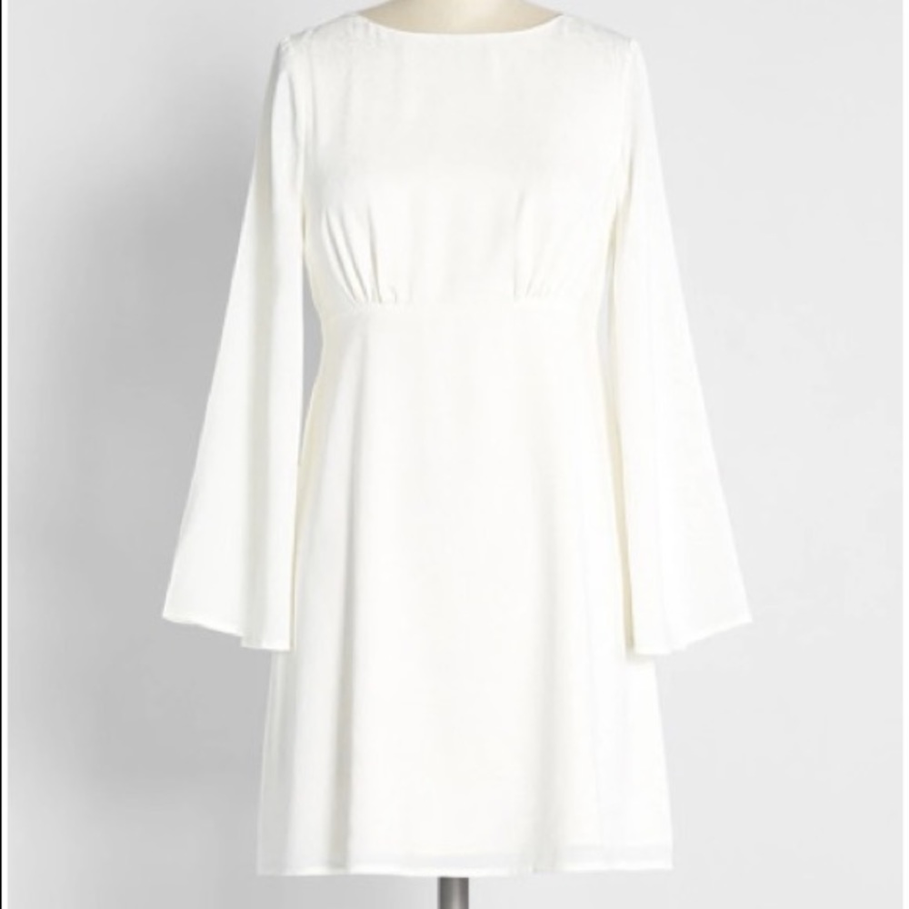 White babydoll dress long bell sleeve 1960s jacquard mini ModCloth